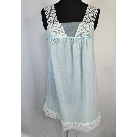 Henson Kickernick Blue Sheer Nylon Lace Nightgown Gown Medium Needs Repairs - Picture 1 of 10